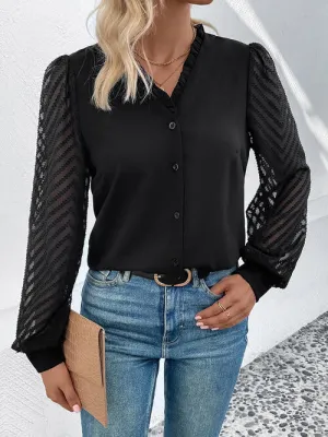 Mesh V-Neck Button Front Blouse