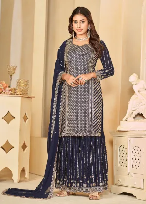 Mesmeric Blue Faux Georgette Palazzo Suit with Embroidery