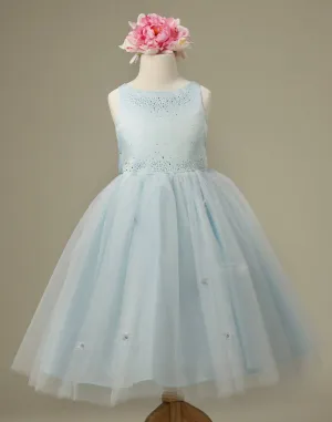 Mesmeric Tulle and Satin Dress with Floral Accents - Light Blue