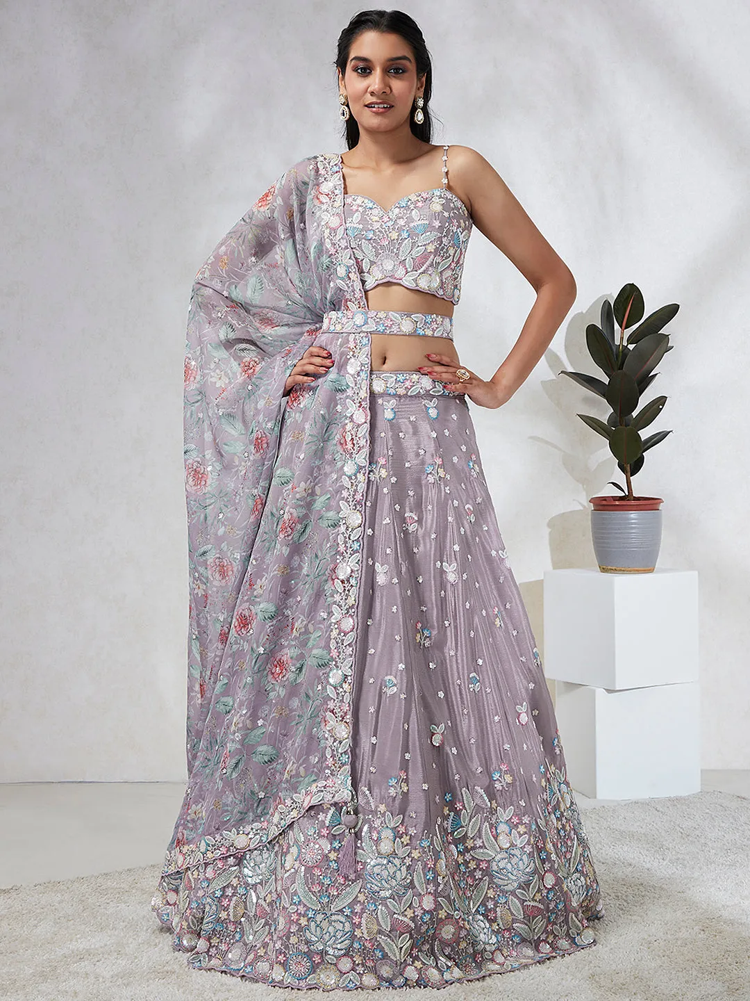 Mesmerizing Mauve Chiffon Lehenga: Sequins & Embroidery Elegance