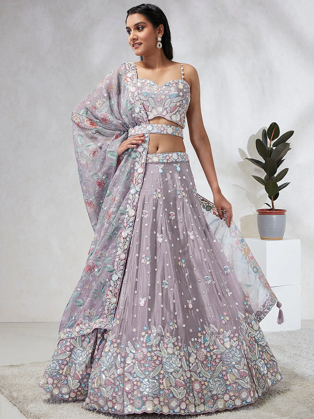 Mesmerizing Mauve Chiffon Lehenga: Sequins & Embroidery Elegance