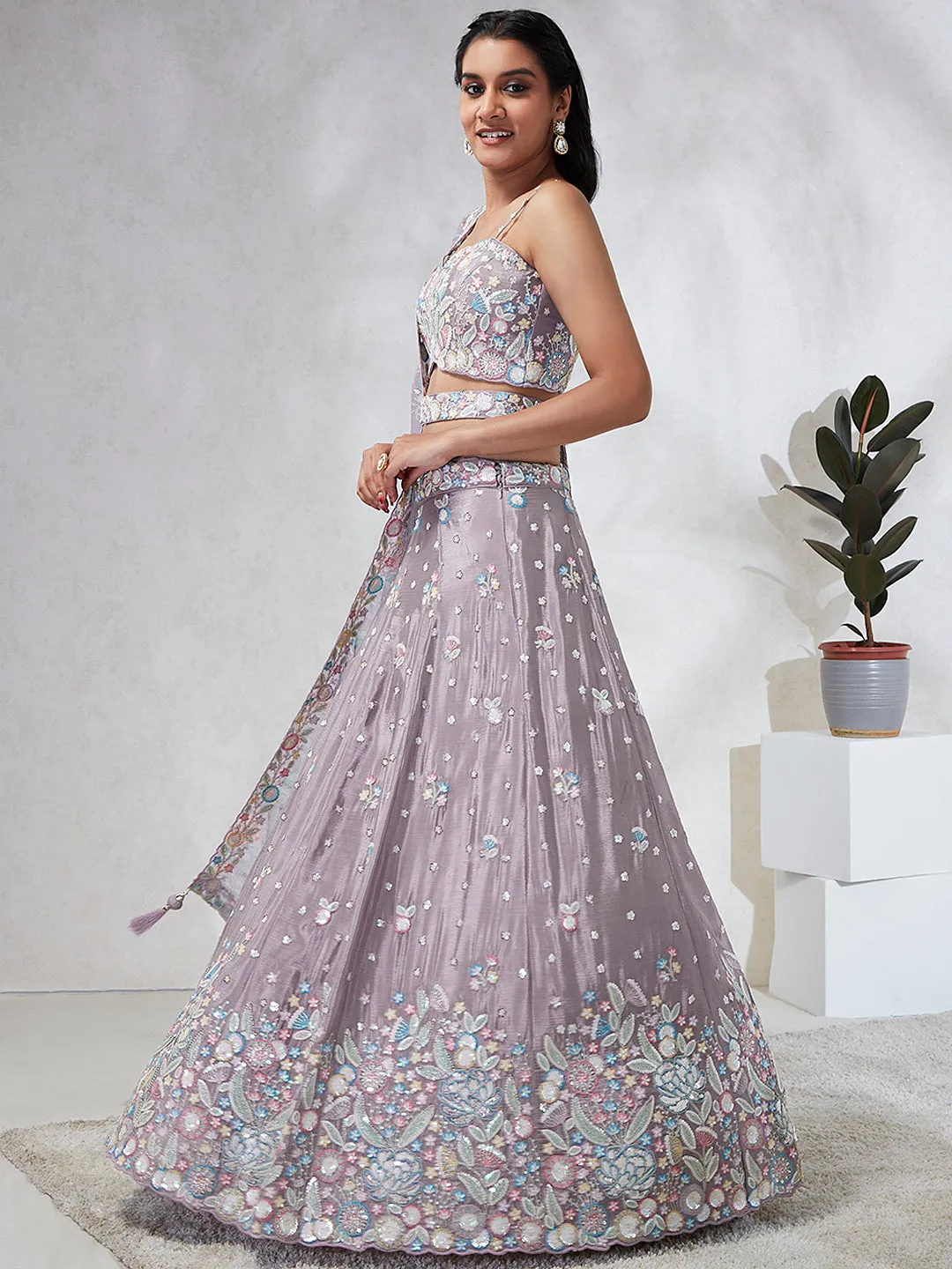 Mesmerizing Mauve Chiffon Lehenga: Sequins & Embroidery Elegance