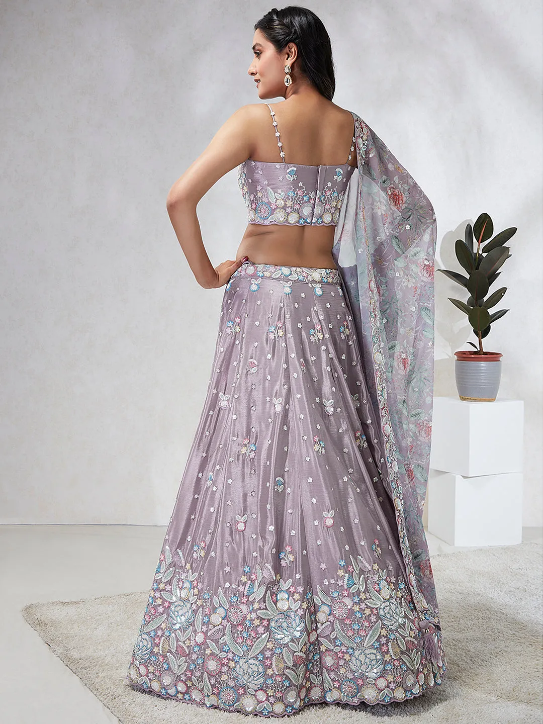 Mesmerizing Mauve Chiffon Lehenga: Sequins & Embroidery Elegance