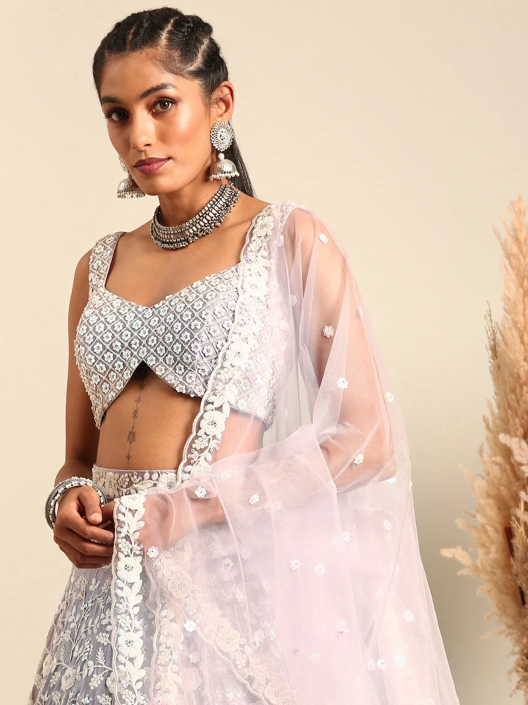 Mesmerizing Mauve Chinon Lehenga - Sequins & Zardozi Embroidery