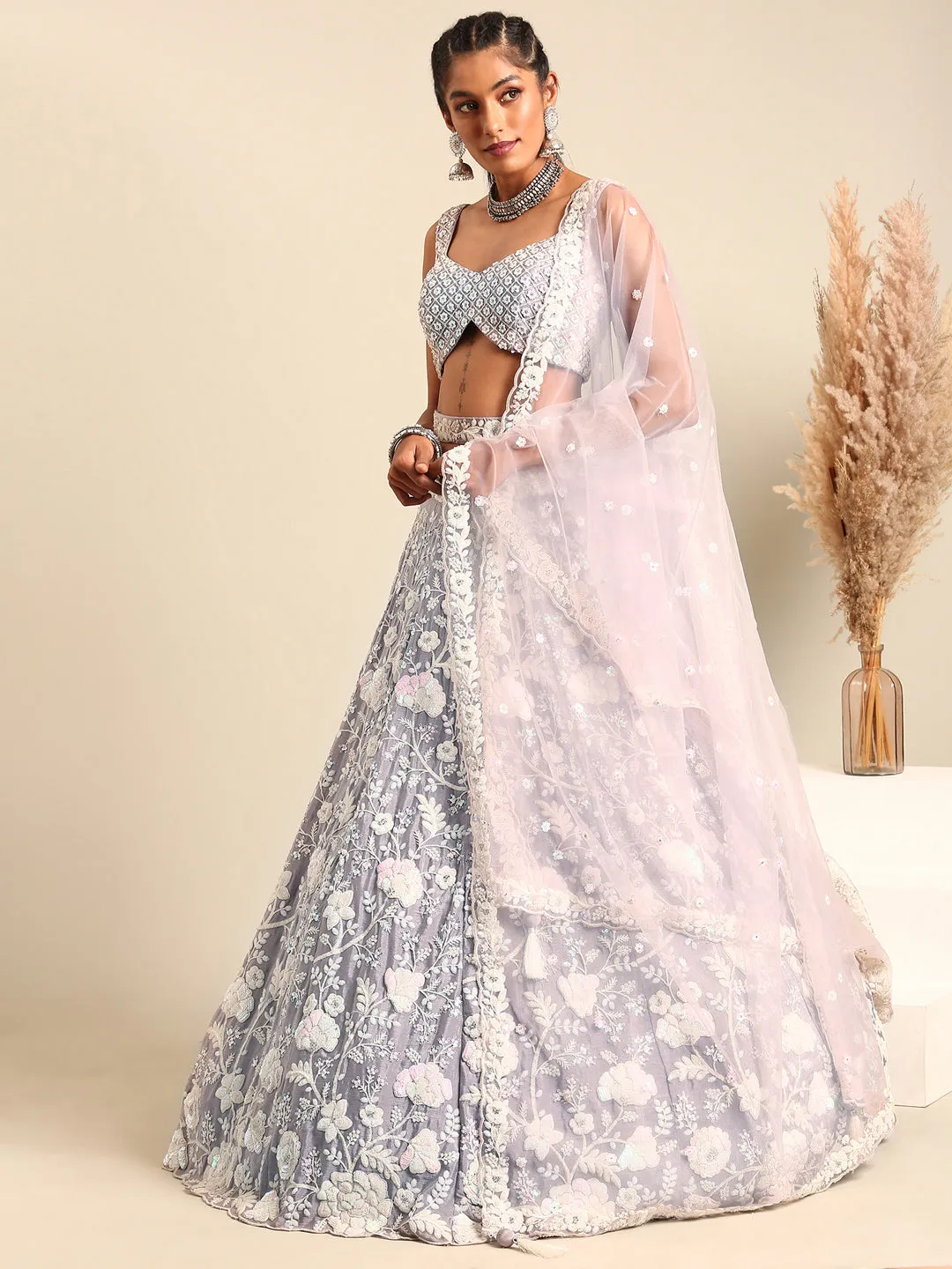 Mesmerizing Mauve Chinon Lehenga - Sequins & Zardozi Embroidery