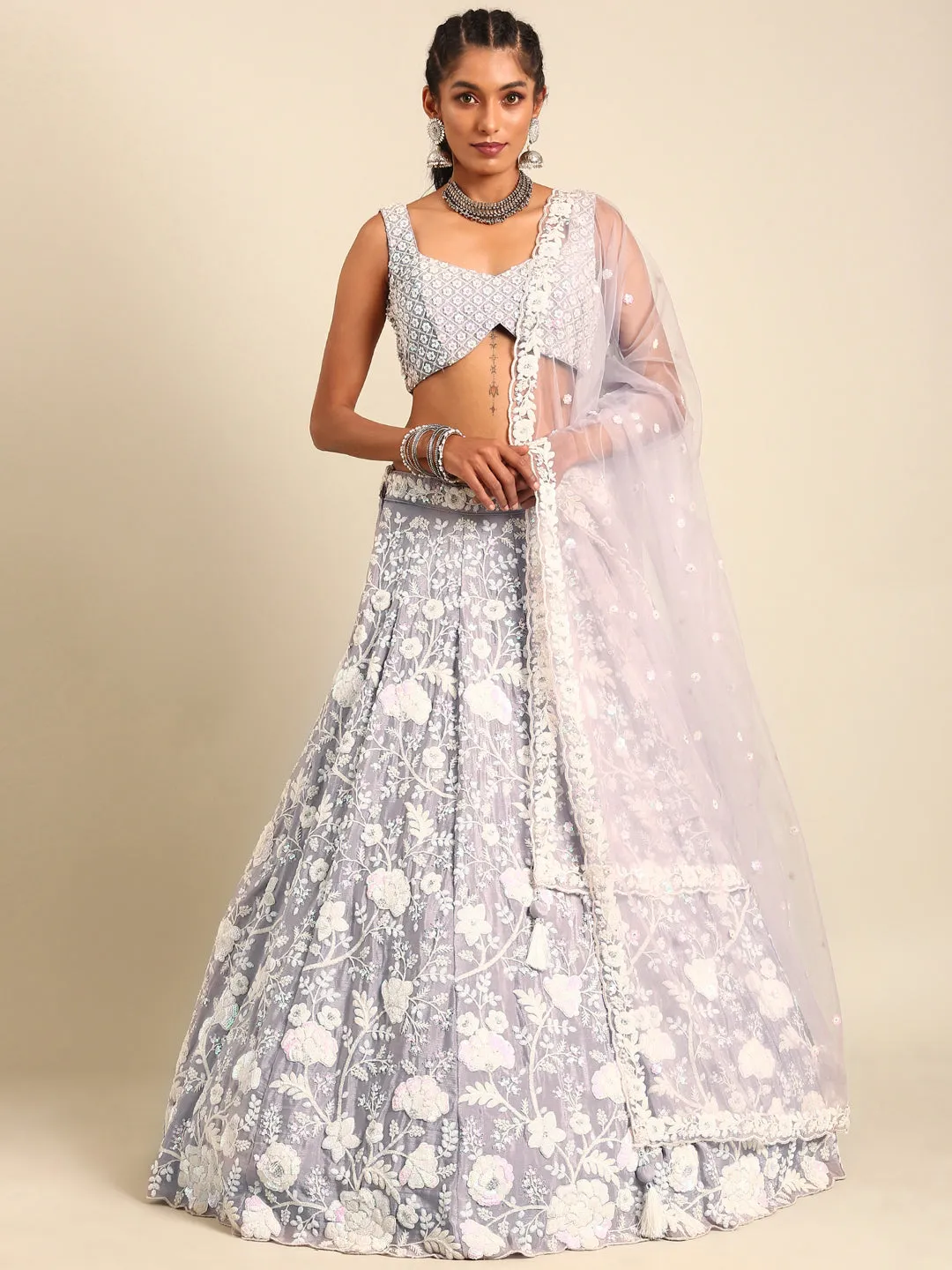 Mesmerizing Mauve Chinon Lehenga - Sequins & Zardozi Embroidery