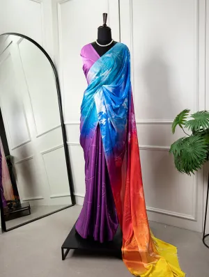 Mesmerizing Multicolor Digital Printed Satin Silk Saree with Foil Work - Wedding Elegance