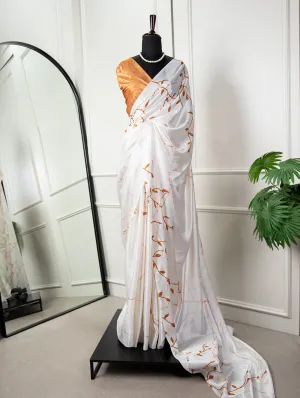 Mesmerizing White Digital Printed Satin Silk Saree with Foil Work - Wedding Elegance