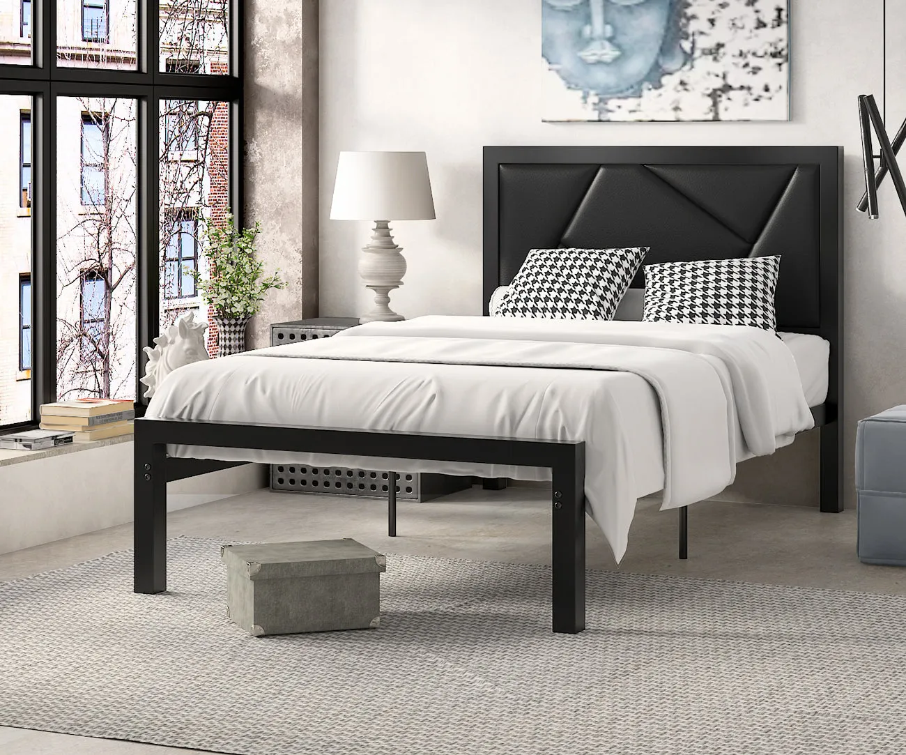 Metal Bed Frame with Geometric Litchi Grain Leather Headboard