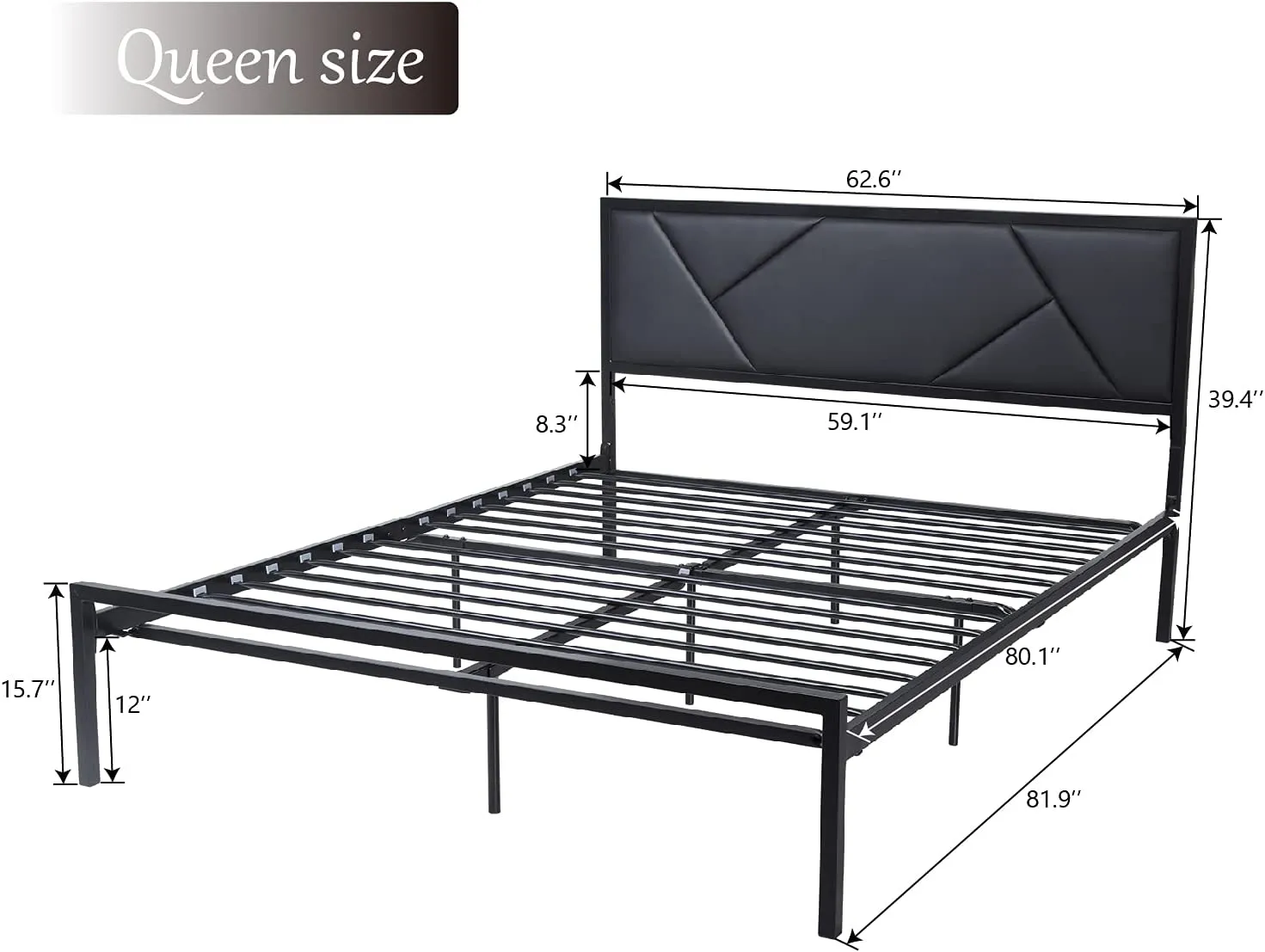 Metal Bed Frame with Geometric Litchi Grain Leather Headboard