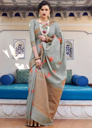 Metal Gray Linen Woven Silk Saree with Zari work on Border and Pallu