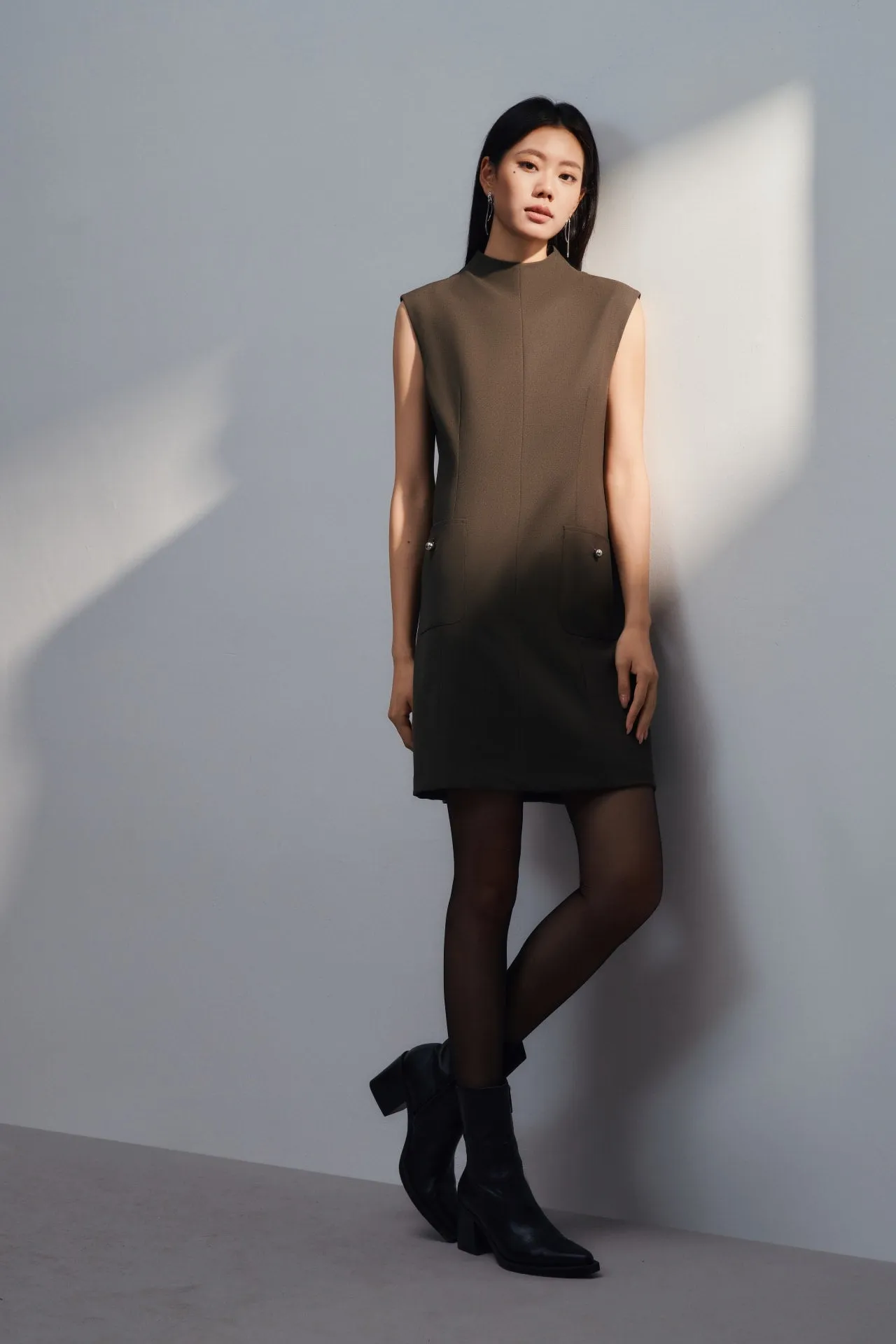 Metallic Button Mock Neck Dress