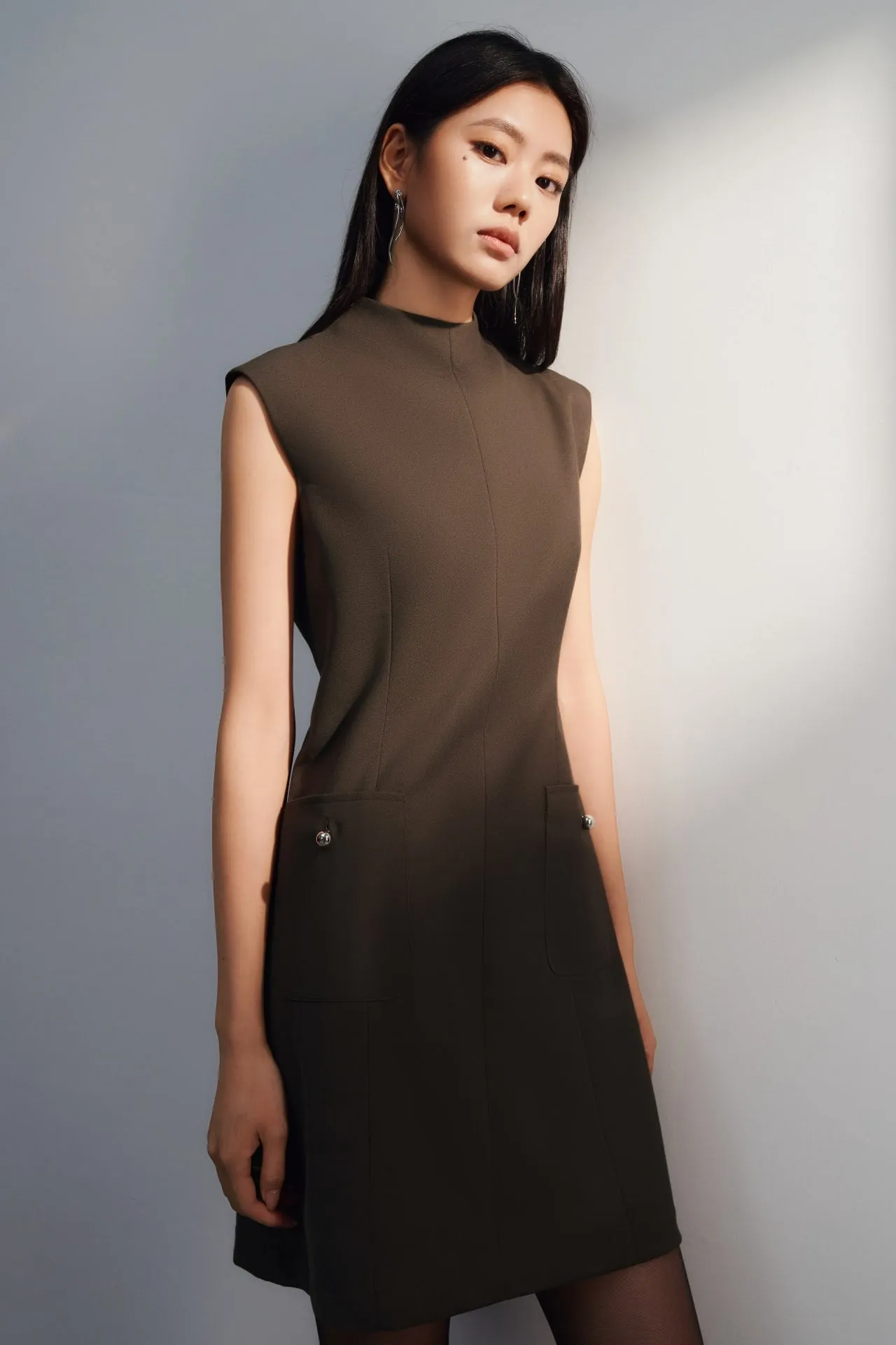 Metallic Button Mock Neck Dress