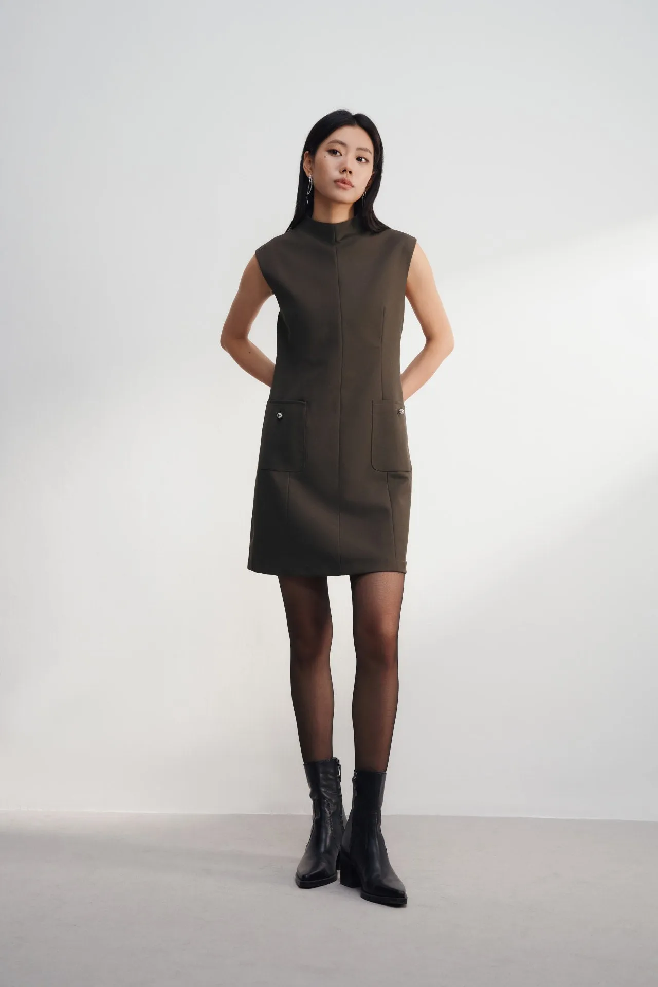 Metallic Button Mock Neck Dress