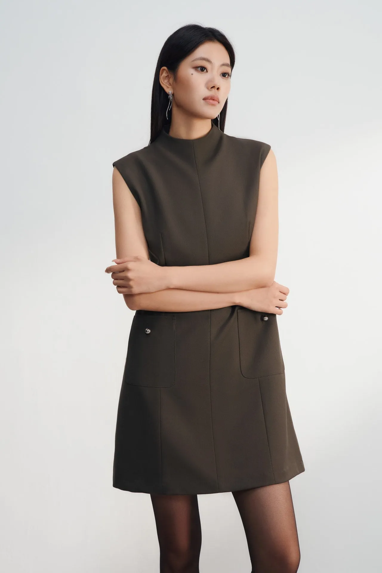 Metallic Button Mock Neck Dress