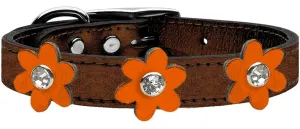 Metallic Flower Leather Collar Bronze With Metallic Orange Flowers Size 26