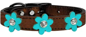 Metallic Flower Leather Collar Bronze With Metallic Turquoise Flowers Size 12