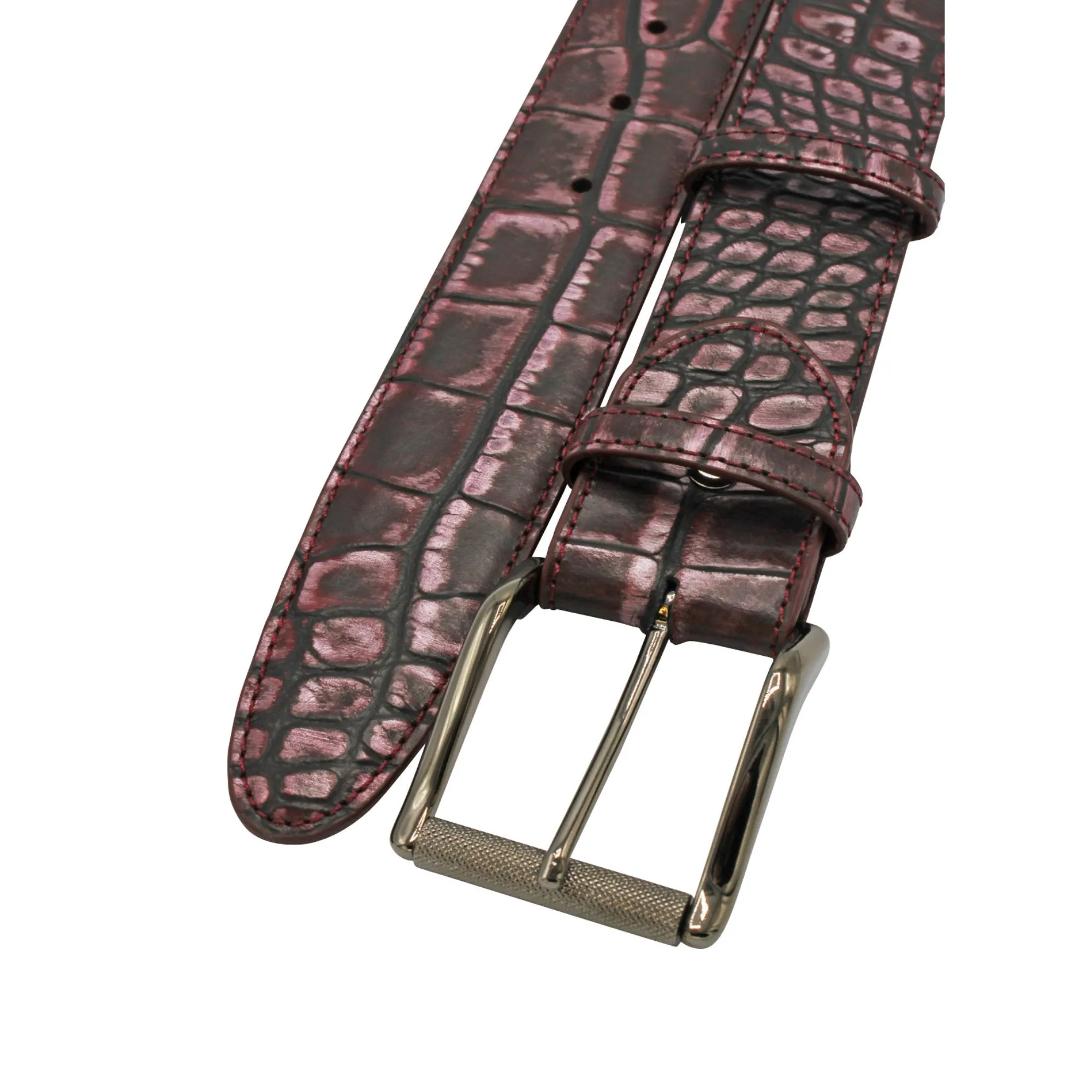 Metallic Hued Merlot Tone Mock Crocodile Gunmetal Roller Belt