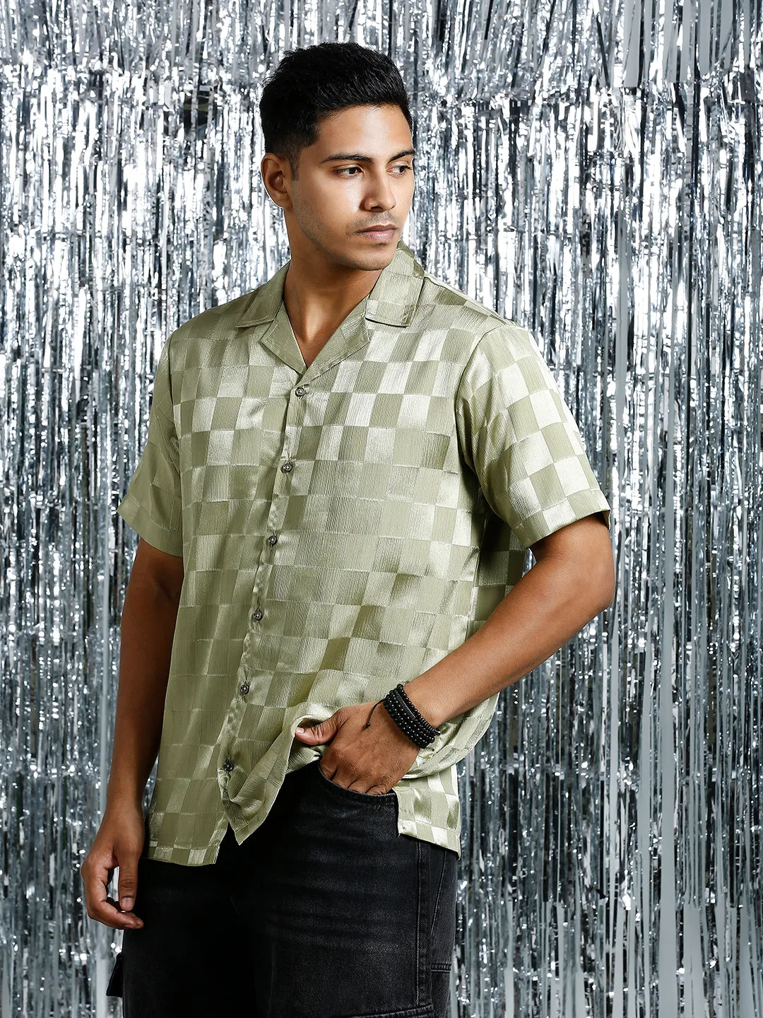 METALLIC OLIVE RELAXED CHECKED CUBAN COLLAR SHIRT