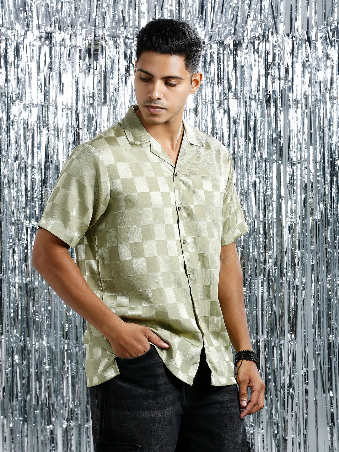 METALLIC OLIVE RELAXED CHECKED CUBAN COLLAR SHIRT