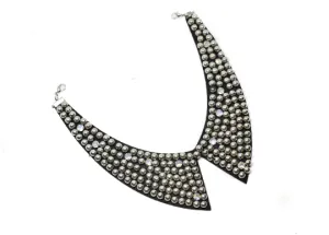 Metallic Silver Beaded Necklace Applique with Rhinestones 9.50" - 1 Piece