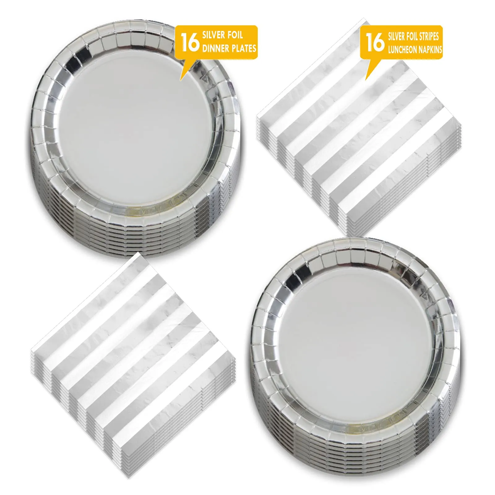 Metallic Silver Paper Dinner Plates with Silver Striped Luncheon Napkins (Serves 16)