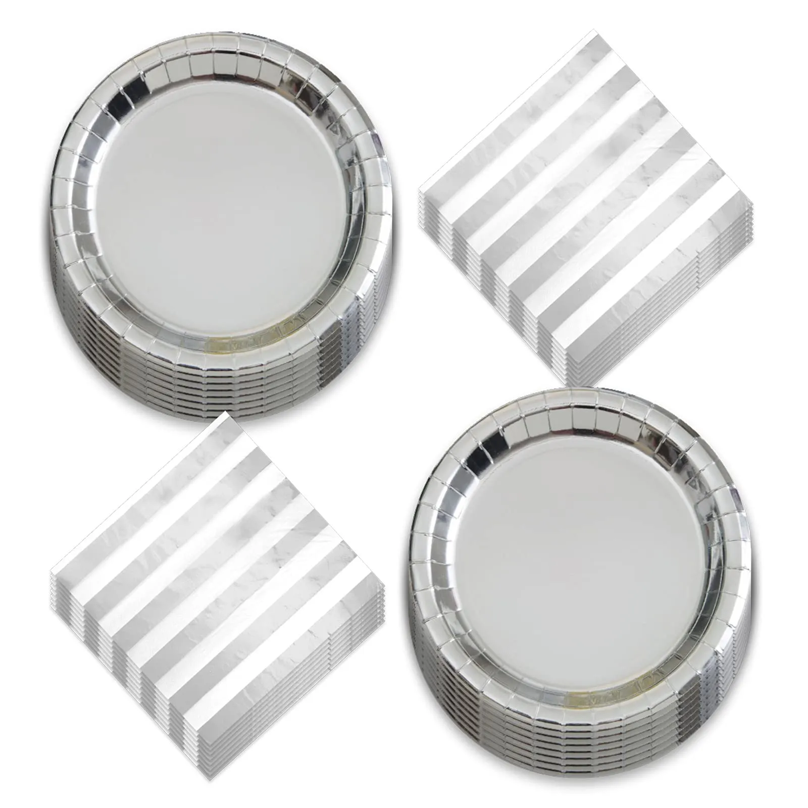 Metallic Silver Paper Dinner Plates with Silver Striped Luncheon Napkins (Serves 16)