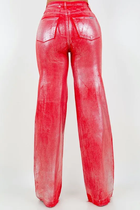 Metallic Wide Leg Jean in Red