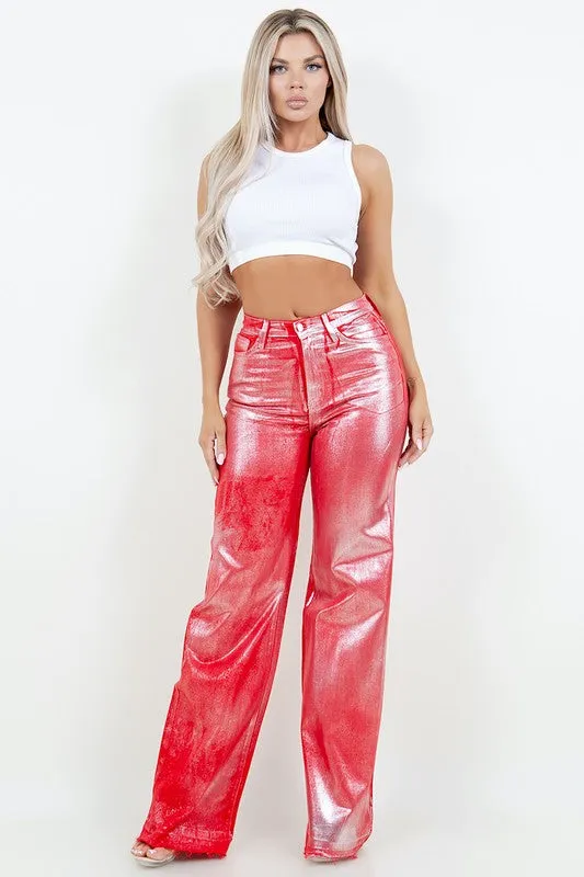 Metallic Wide Leg Jean in Red