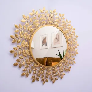 METALMASTERY Stainless Steel Mirror Knitted Glass Leaf Design Wall Mount Hanging Decorative Iron Mirror Sculpture for Living Room Dining Hall Bedroom Reflection Mirror (Gold)