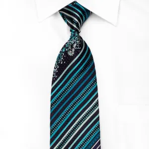 Metro City Men's Crystal Silk Necktie Turquoise Striped On Black With Sparkles