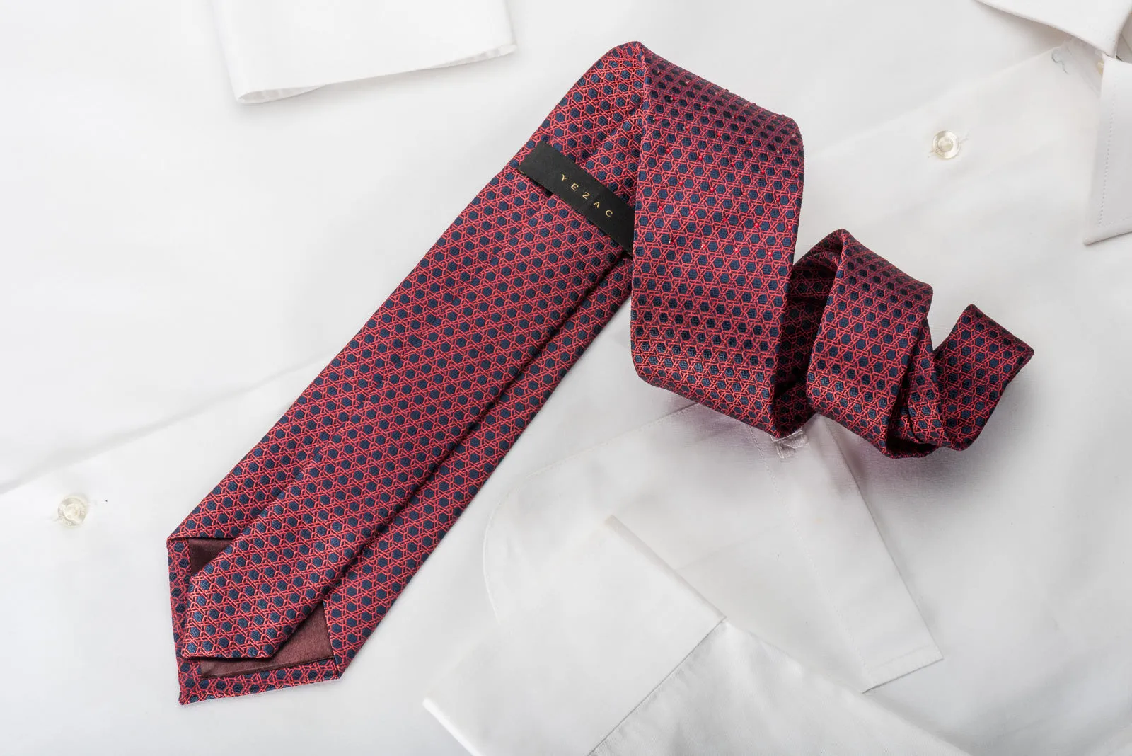 Metro City Silk Necktie Red Trellis On Blue With Red Rhinestones