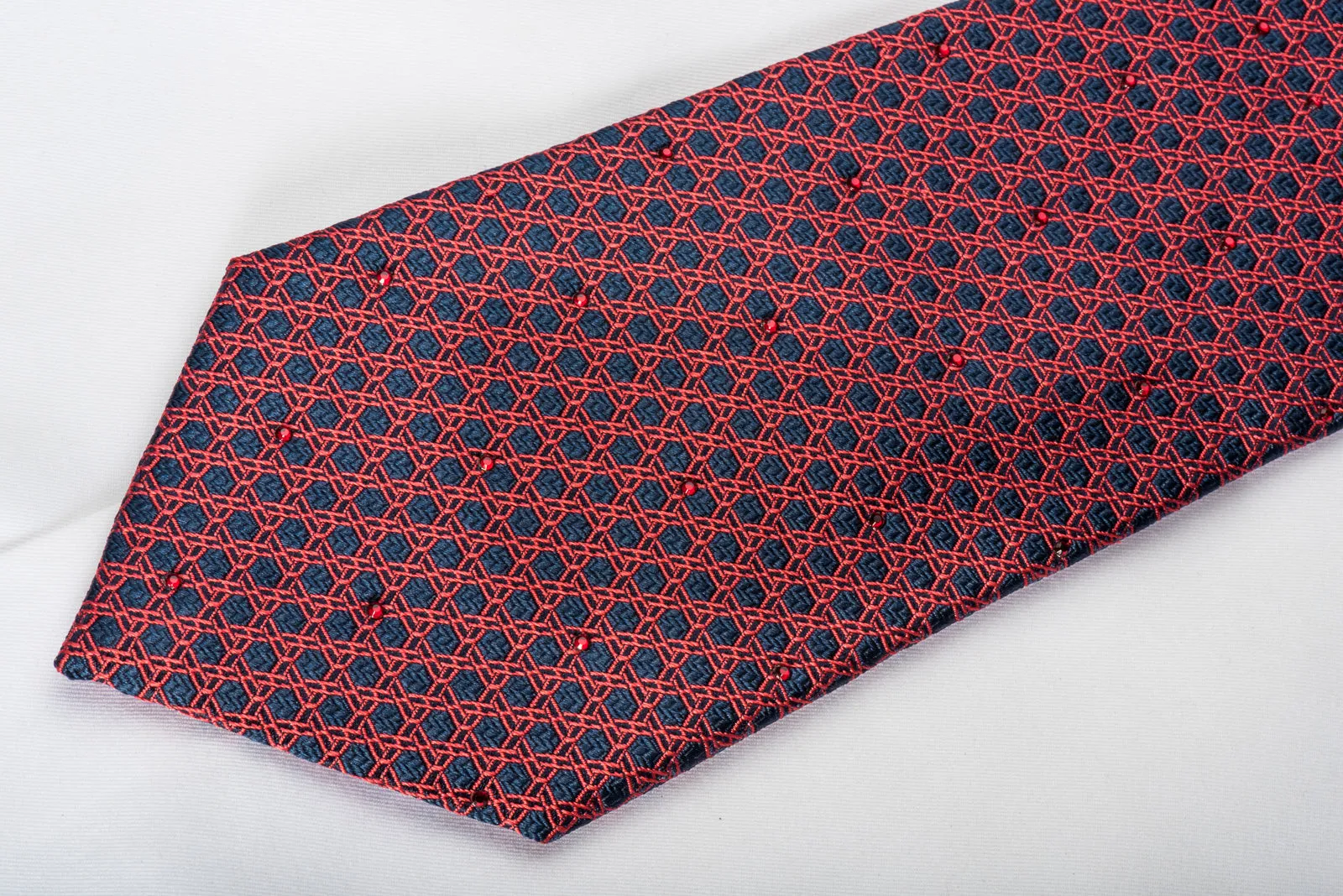 Metro City Silk Necktie Red Trellis On Blue With Red Rhinestones