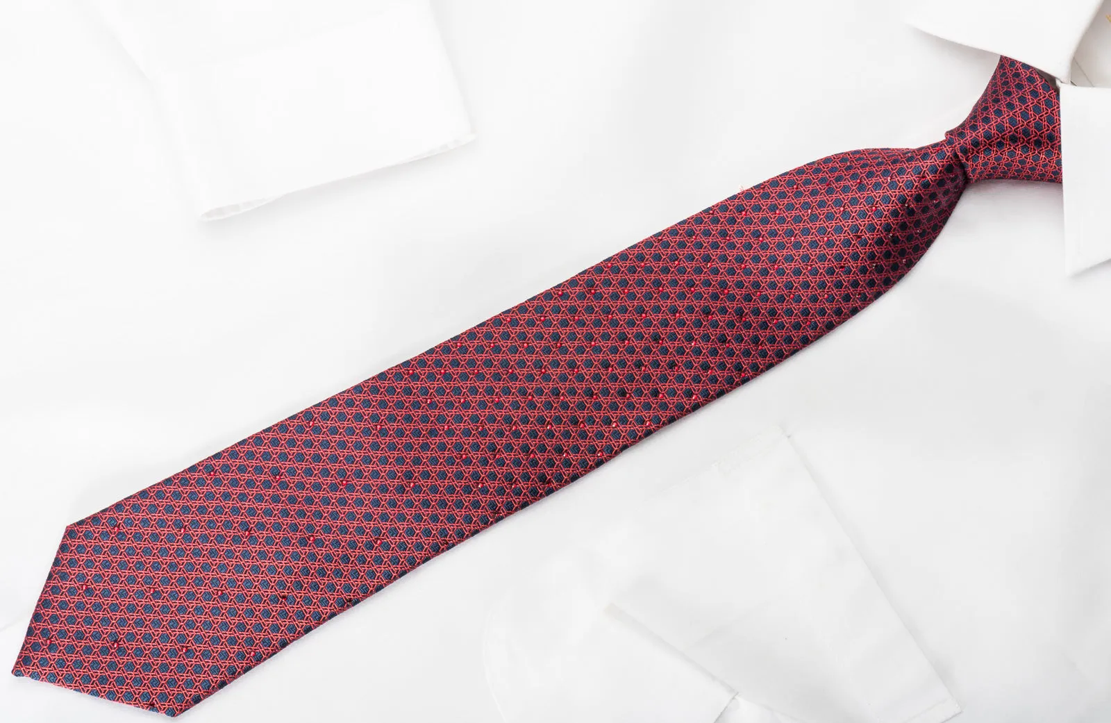 Metro City Silk Necktie Red Trellis On Blue With Red Rhinestones