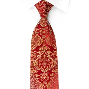 Metro City Silk Rhinestone Tie Gold Damask On Red With Golden Sparkles