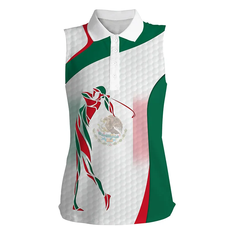 Mexican Flag Womens Sleeveless Polo Shirts Patriotic Golf Outfit Women, Unique Ladies Golf Apparel