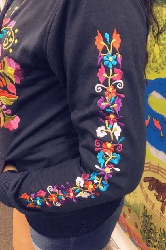 Mexican Floral Embroidered Hoodie Navy