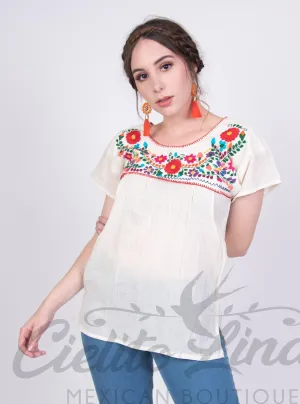 Mexican Tehuacan Embroidered Blouse Cream