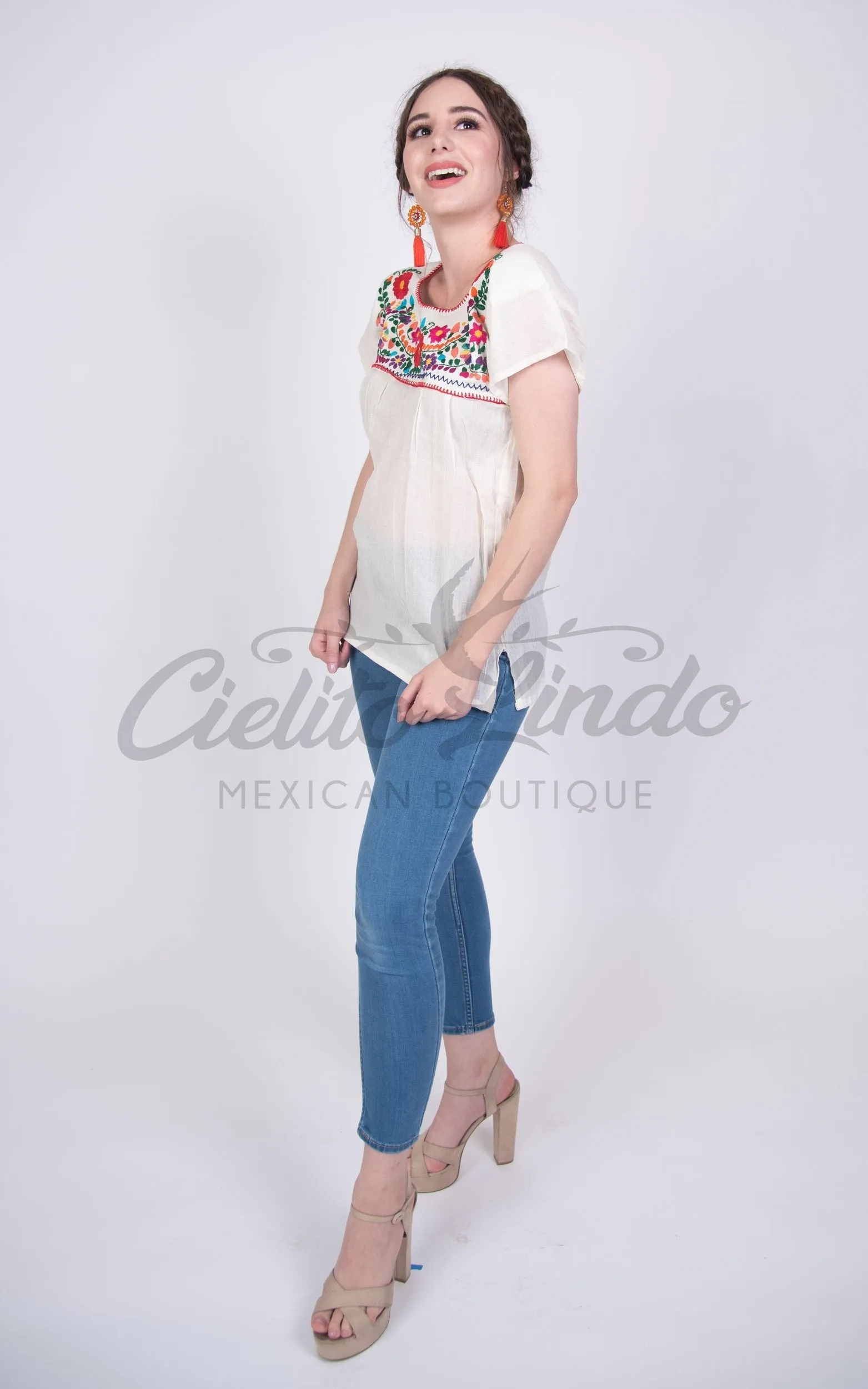 Mexican Tehuacan Embroidered Blouse White