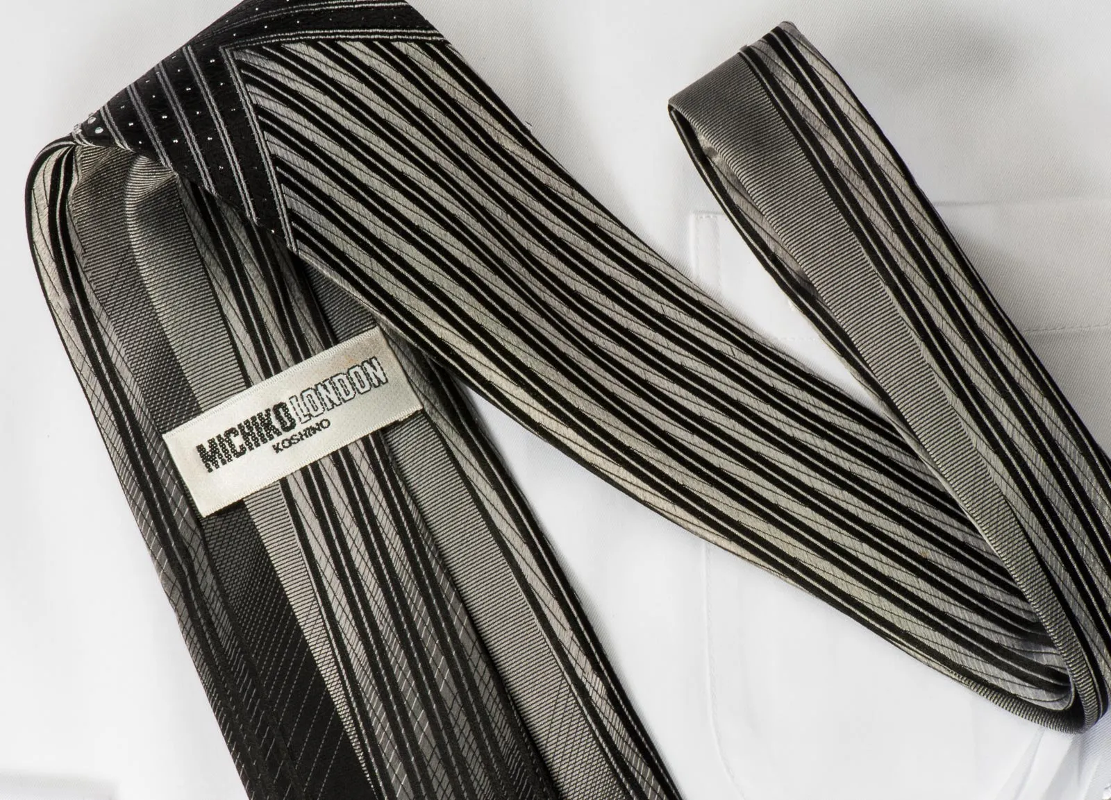 Michiko Koshino Black Crystal Rhinestone Necktie Silver Striped On Black With Silver Sparkles