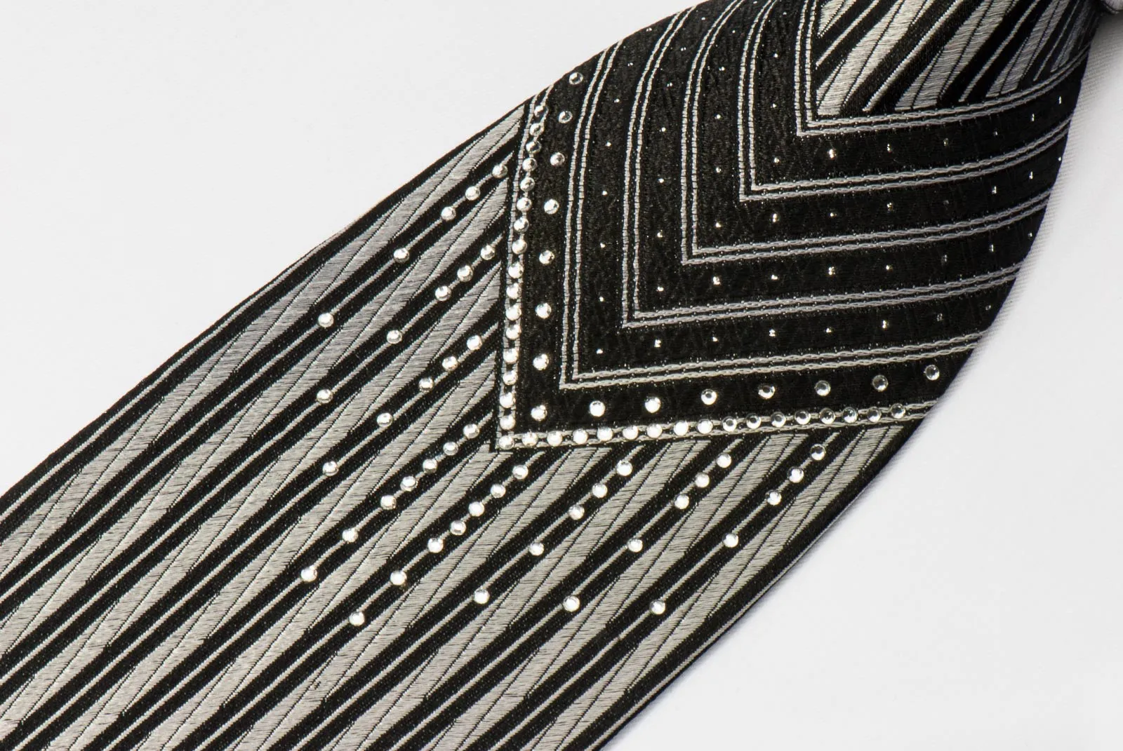 Michiko Koshino Black Crystal Rhinestone Necktie Silver Striped On Black With Silver Sparkles