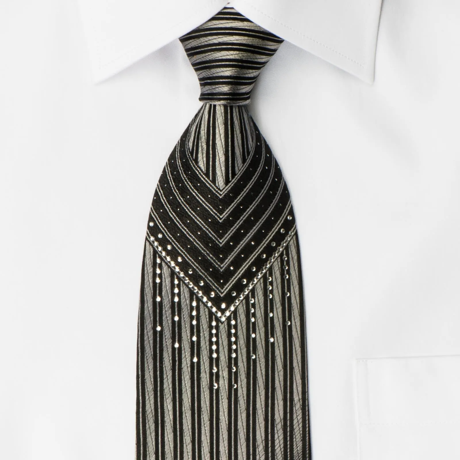 Michiko Koshino Black Crystal Rhinestone Necktie Silver Striped On Black With Silver Sparkles