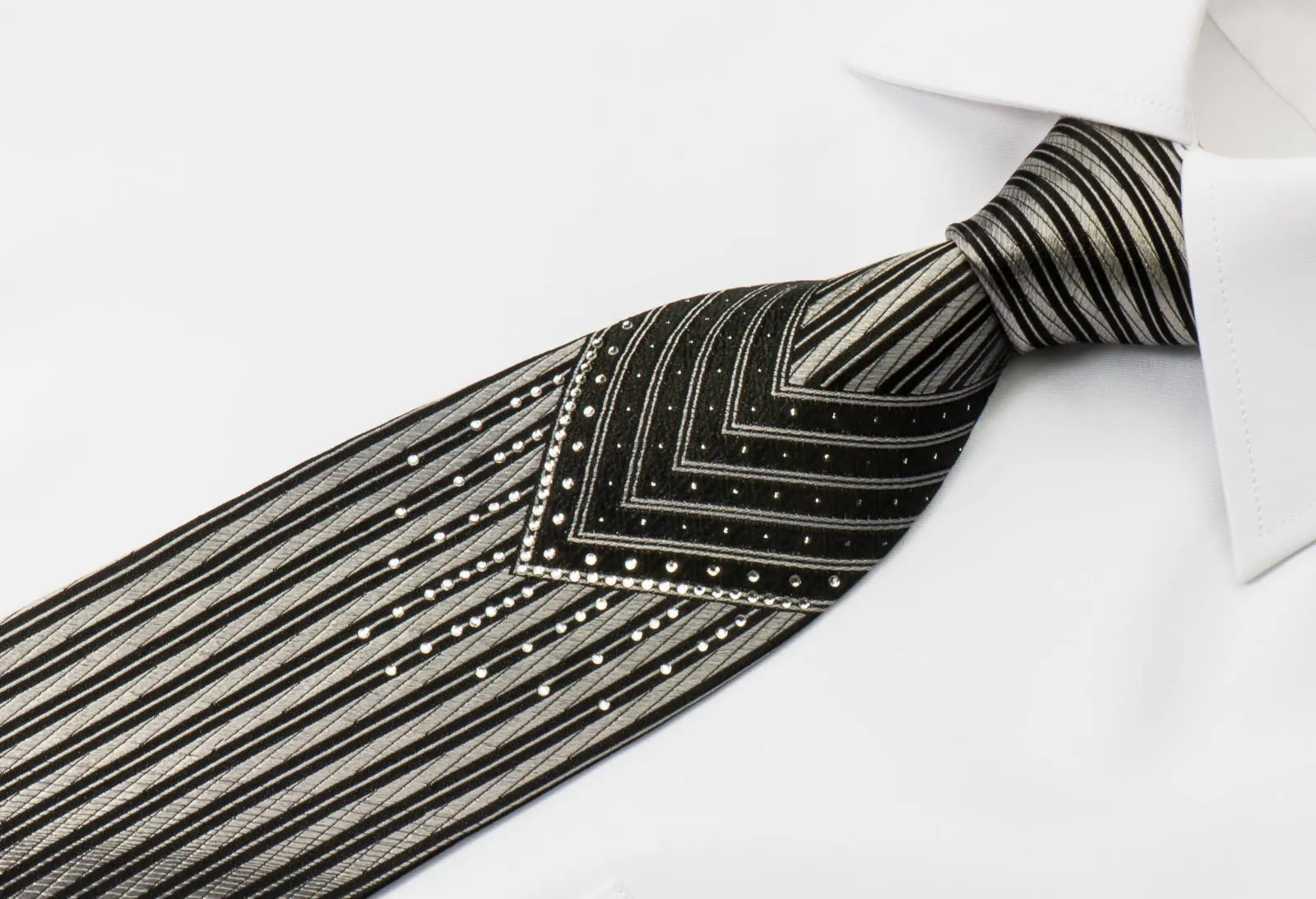 Michiko Koshino Black Crystal Rhinestone Necktie Silver Striped On Black With Silver Sparkles