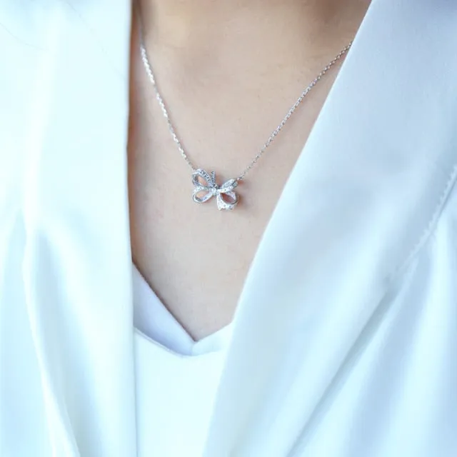 Micro Pave Bowknot Pendant Necklace for Women with Zircon in Silver Color