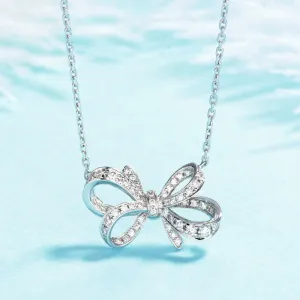 Micro Pave Bowknot Pendant Necklace for Women with Zircon in Silver Color