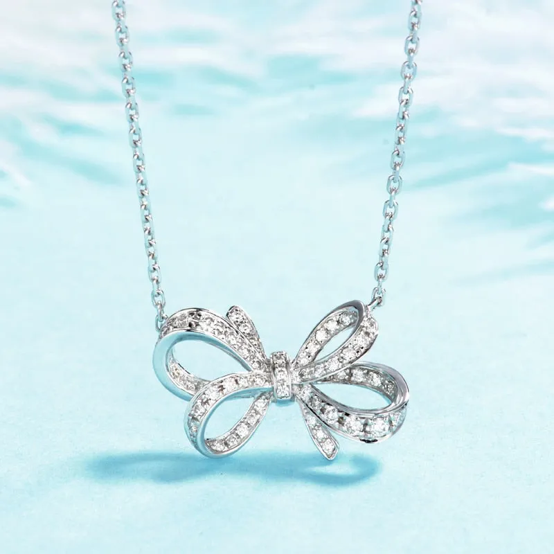 Micro Pave Bowknot Pendant Necklace for Women with Zircon in Silver Color