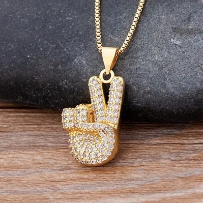 Micro Pave Gesture Hand Pendant Necklace with Rhinestone in Gold Color