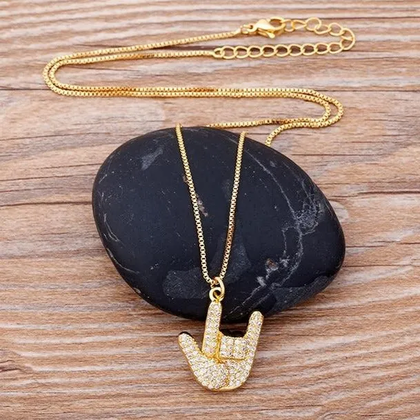 Micro Pave Gesture Hand Pendant Necklace with Rhinestone in Gold Color