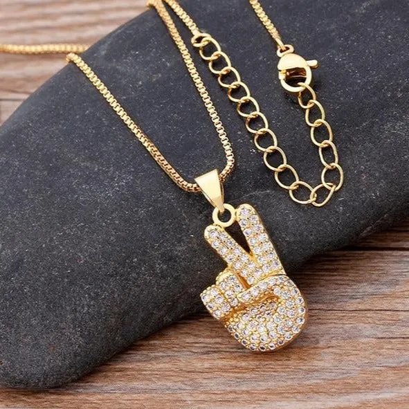 Micro Pave Gesture Hand Pendant Necklace with Rhinestone in Gold Color