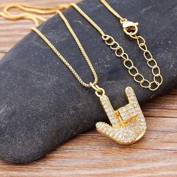 Micro Pave Gesture Hand Pendant Necklace with Rhinestone in Gold Color